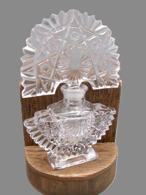 Vtg Imperial Glass IRice Perfume Bottle, Art Deco, Starburst Fan Stopper 7 In
